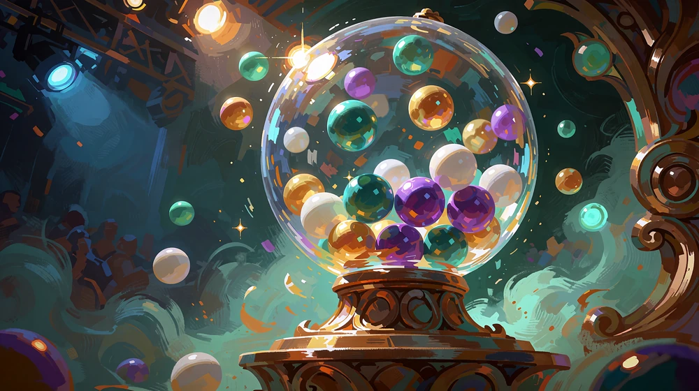Stor glaskugle med farvede baller p&aring; en bronzepiedestal - illustration til game shows som Crazy Time og Mega Ball