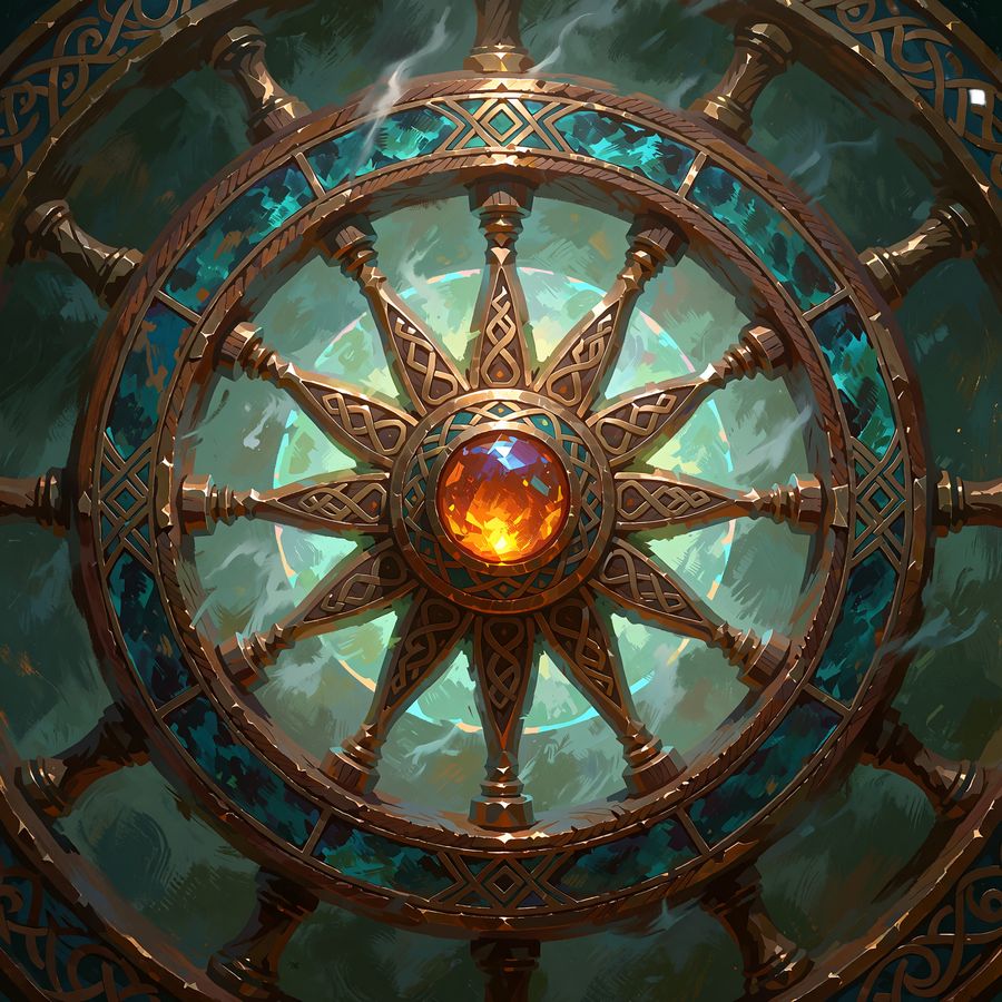 Udsk&aring;ret hjul af m&oslash;rk eg og bronze med tolv segmenter i teal og bronze - illustration til Wheel of Fate hos Godz Casino