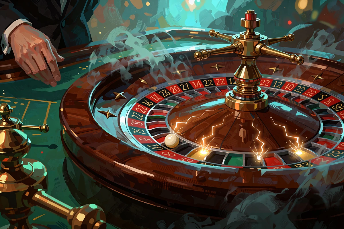 Poleret roulettehjul i m&oslash;rkt tr&aelig; og messing med gyldne lyn i lommerne - illustration til live casino og multiplikator-roulette
