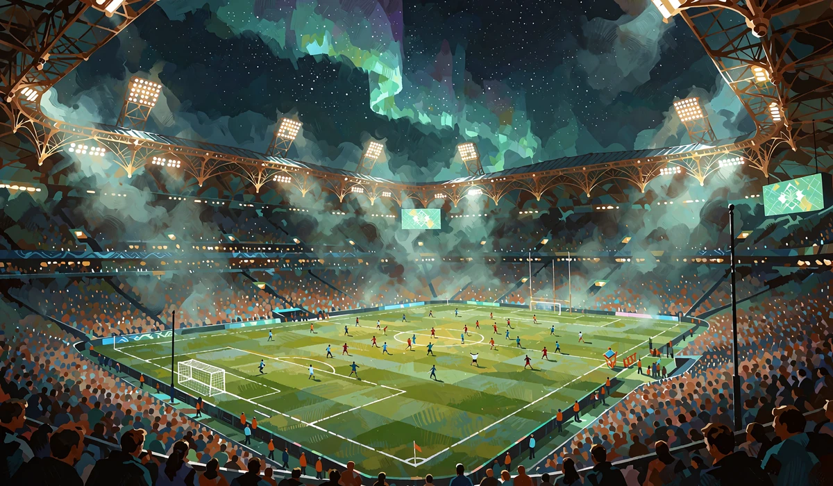 &Aring;ben fodboldstadion om natten under et mintgr&oslash;nt nordlys - illustration til Godz sportsbook