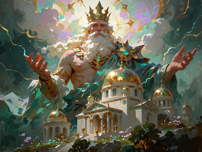 Gammel himmelgud med hvidt sk&aelig;g og guldkrone over et marmortempel med guldkupler - illustration til Gates of Olympus