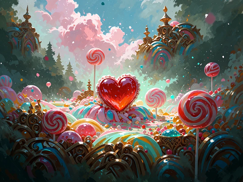Farverigt slikland med slikkepinde, r&oslash;dt hjerteformet bolsje og lyser&oslash;de skyer - illustration til slotten Sweet Bonanza