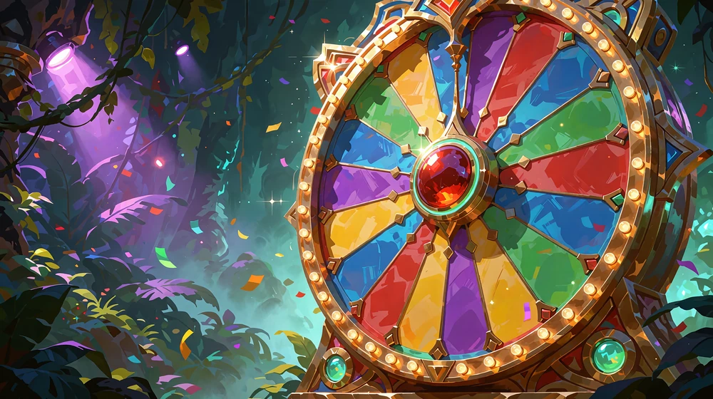 Stort farverigt pengehjul med guldkant p&aring; en lilla jungle-scene - illustration til game shows som Crazy Time