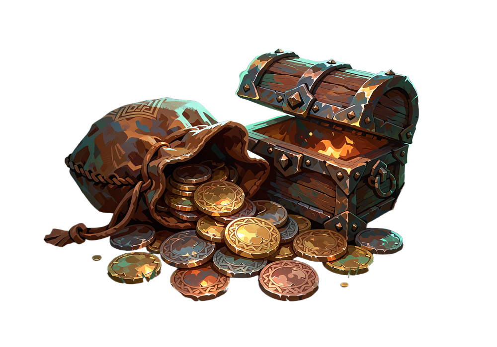 &Aring;ben l&aelig;derpose med bronze- og guldm&oslash;nter ved siden af en lille jernbesl&aring;et tr&aelig;kiste - illustration til Coin Shop